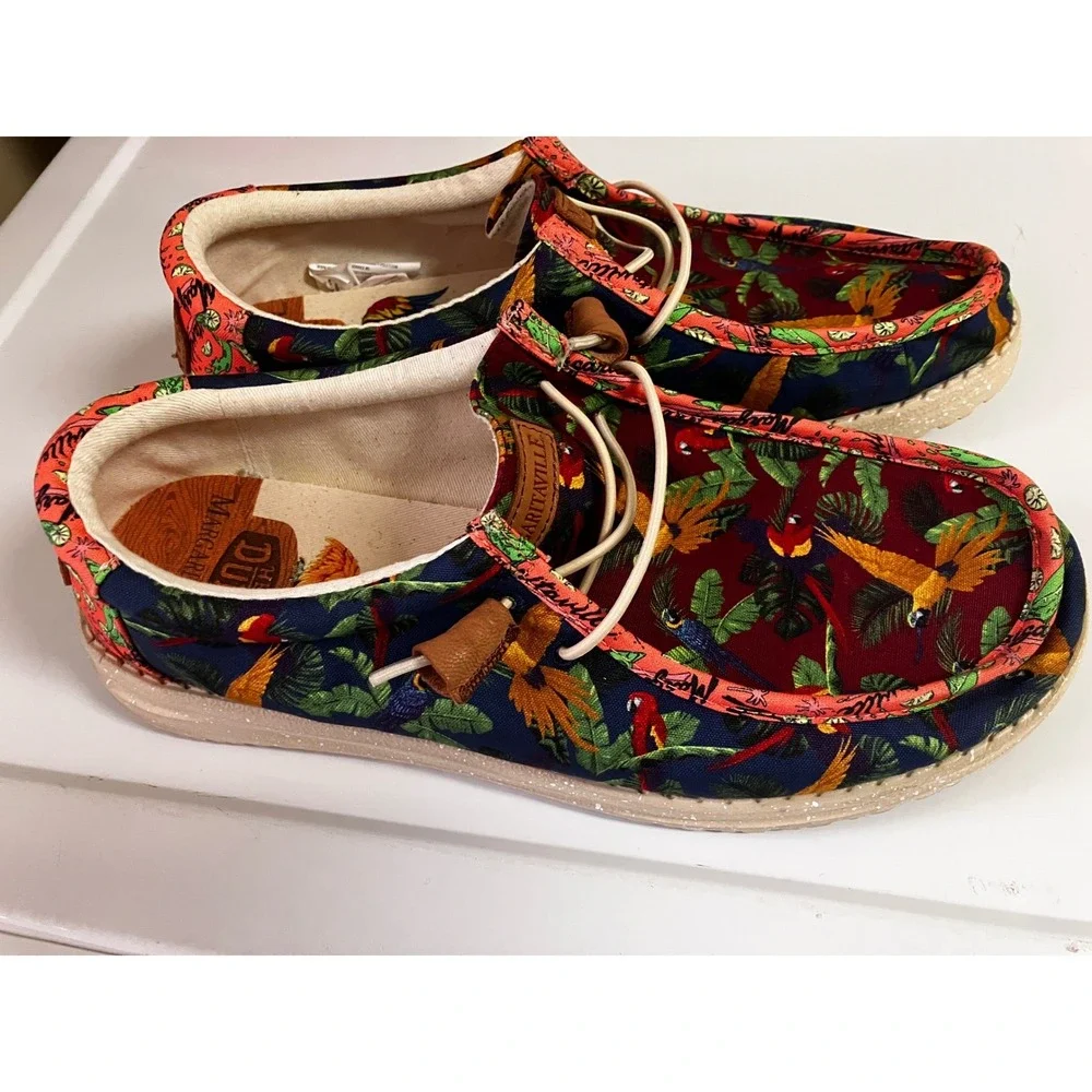 Hey Dude Wally Margaritaville Mens Size 10 Tropical Parrot Print Loafers